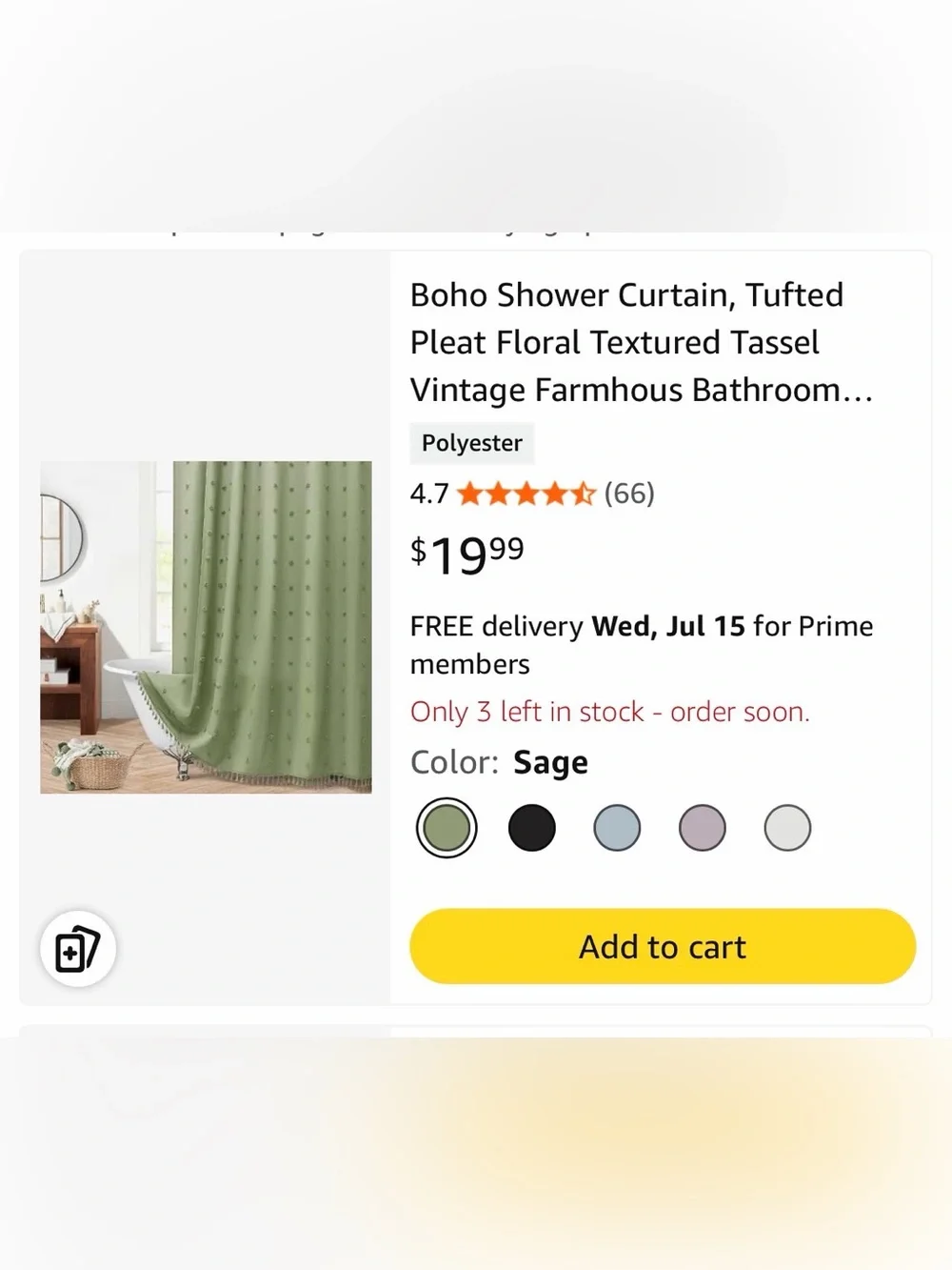 Washable cloth shower curtain. Sage Boho style with tassels. Bathroom home decor
